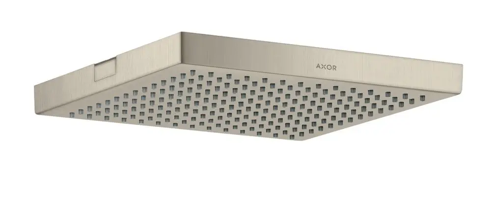 Duschkopf von AXOR in gebürstetem Nickel. Quadratförmiges Design mit rechteckigen Düsen für eine gleichmäßige Wasserverteilung. Montiert an der Decke.
